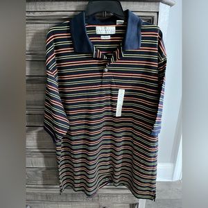 NWT Men’s CONSENSUS Golf Performance Navy Blue/Yellow Stripe Polo Shirt (XXL)